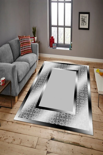 Makinede Yıkanabilir Leke Tutmaz  Siyah-Gri Pvc Deri Kaymaz Taban Çerçeve Salon Saçaksız Halı B1327-2  120 x 180 SİYAH-GRİ - 6