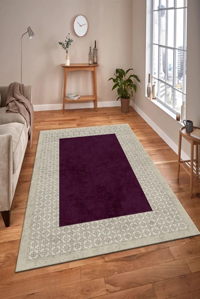 Makinede Yıkanabilir Leke Tutmaz  Bej-Mürdüm Pvc Deri Kaymaz Taban Modern Salon Saçaksız Halı B1326-2  BEJ-BORDO 100 x 200 - 4