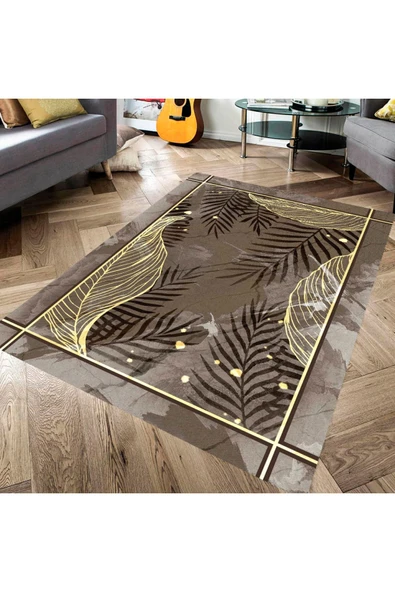 Makinede Yıkanabilir Leke Tutmaz  Kahve Pvc Deri Kaymaz Taban Tasarım Salon Saçaksız Halı 170-01  ÇOKLU 100 x 100 - 3