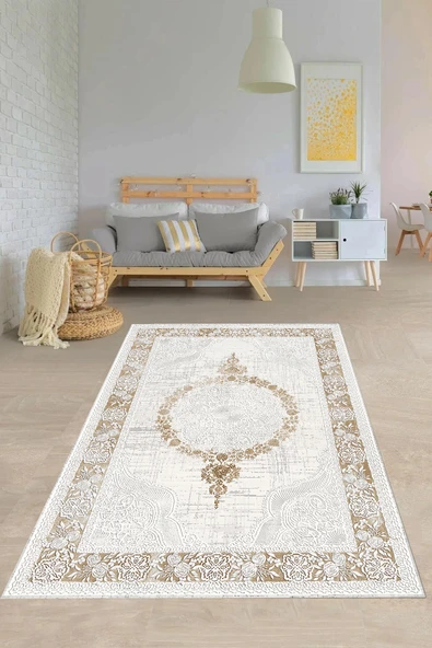 Makinede Yıkanabilir Leke Tutmaz  Krem Pvc Deri Kaymaz Taban Göbekli Salon Saçaksız Halı 352-00  ÇOKLU 130 x 180