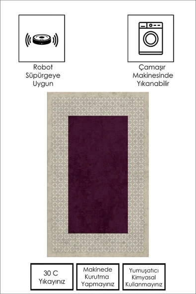 Makinede Yıkanabilir Leke Tutmaz  Bej-Mürdüm Pvc Deri Kaymaz Taban Modern Salon Saçaksız Halı B1326-2  BEJ-BORDO 80 x 200 - 5