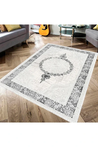 Makinede Yıkanabilir Leke Tutmaz  Krem-Gri Pvc Deri Kaymaz Taban Göbekli Salon Saçaksız Halı 352-01  ÇOKLU 180 x 280 - 3