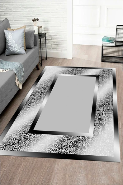 Makinede Yıkanabilir Leke Tutmaz  Siyah-Gri Pvc Deri Kaymaz Taban Çerçeve Salon Saçaksız Halı B1327-2  SİYAH-GRİ 120 x 180