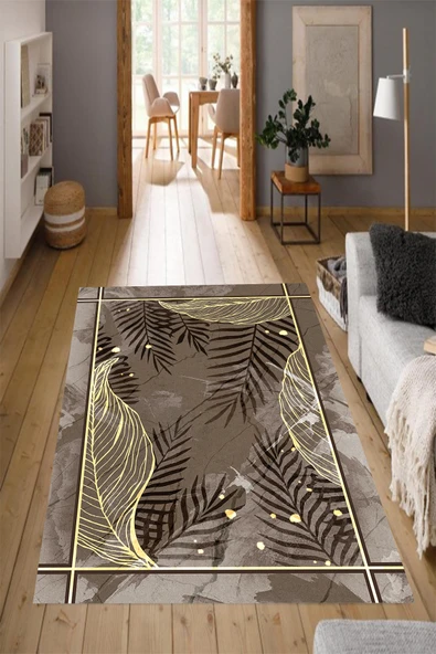 Makinede Yıkanabilir Leke Tutmaz  Kahve Pvc Deri Kaymaz Taban Tasarım Salon Saçaksız Halı 170-01  ÇOKLU 100 x 100