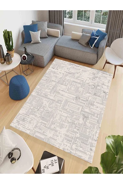 Makinede Yıkanabilir Leke Tutmaz  Vizon Makina Dokuma Kaymaz Taban Labirent Desen Saçaklı Halı ALD40  Gri 80 x 150 ürün görseli
