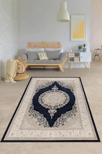 Makinede Yıkanabilir Leke Tutmaz  Vizon-Lacivert Pvc Deri Kaymaz Taban Göbekli Salon Saçaksız Halı 328-00  ÇOKLU 100 x 420