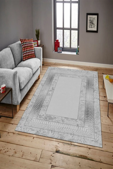 Makinede Yıkanabilir Leke Tutmaz  Gümüş Pvc Deri Kaymaz Taban Çerçeve Salon Saçaksız Halı B1320-03  GÜMÜŞ 80 x 200 - 2