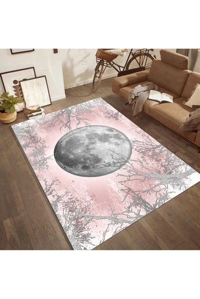 Makinede Yıkanabilir Leke Tutmaz  Pembe-Gri Dijital Baskı PVC Kaymaz Dolunay Desenli Salon Halısı  Pembe-Gri 120 x 180