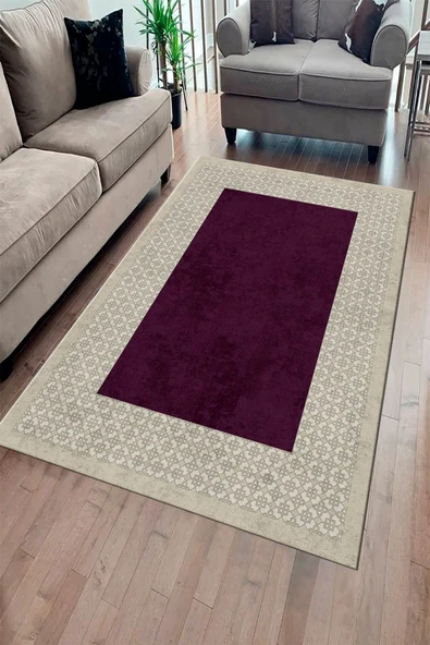 Makinede Yıkanabilir Leke Tutmaz  Bej-Mürdüm Pvc Deri Kaymaz Taban Modern Salon Saçaksız Halı B1326-2  BEJ-BORDO 200 x 300