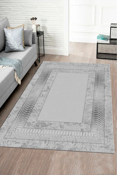 Makinede Yıkanabilir Leke Tutmaz  Gümüş Pvc Deri Kaymaz Taban Çerçeve Salon Saçaksız Halı B1320-03  GÜMÜŞ 160 x 230