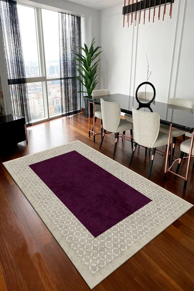 Makinede Yıkanabilir Leke Tutmaz  Bej-Mürdüm Pvc Deri Kaymaz Taban Modern Salon Saçaksız Halı B1326-2  BEJ-BORDO 80 x 200 - 3