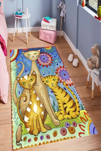 Makinede Yıkanabilir Leke Tutmaz  Multi Pvc Deri Kaymaz Taban Kedi Desen Çocuk Saçaksız Halı O-1778  karışık 120 x 180