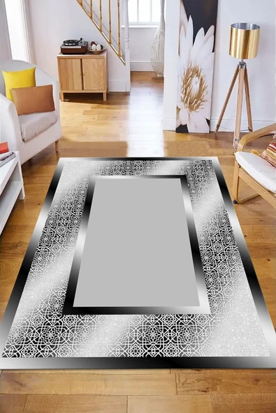 Makinede Yıkanabilir Leke Tutmaz  Siyah-Gri Pvc Deri Kaymaz Taban Çerçeve Salon Saçaksız Halı B1327-2  120 x 180 SİYAH-GRİ - 4