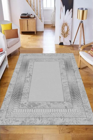 Makinede Yıkanabilir Leke Tutmaz  Gümüş Pvc Deri Kaymaz Taban Çerçeve Salon Saçaksız Halı B1320-03  GÜMÜŞ 80 x 200 - 4