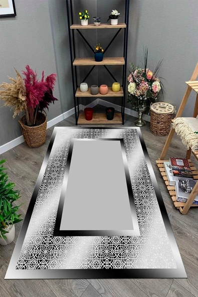 Makinede Yıkanabilir Leke Tutmaz  Siyah-Gri Pvc Deri Kaymaz Taban Çerçeve Salon Saçaksız Halı B1327-2  120 x 180 SİYAH-GRİ - 3