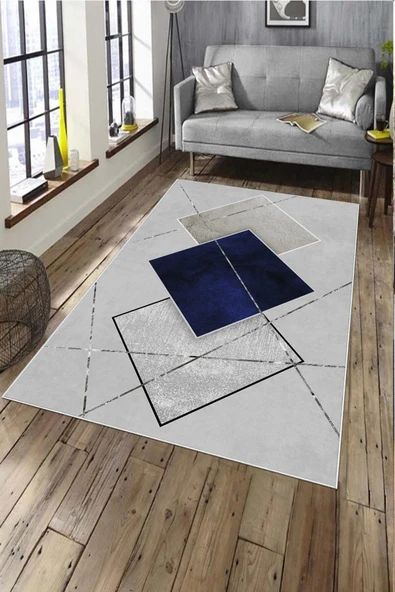 Makinede Yıkanabilir Leke Tutmaz  Lacivert-Gri Pvc Deri Kaymaz Taban Tasarım Salon Saçaksız Halı A256  LACİVERT-GRİ 180 x 280