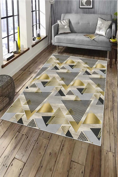 Makinede Yıkanabilir Leke Tutmaz  Gold Pvc Deri Kaymaz Taban Avangart Salon Saçaksız Halı A202  GOLD 80 x 200