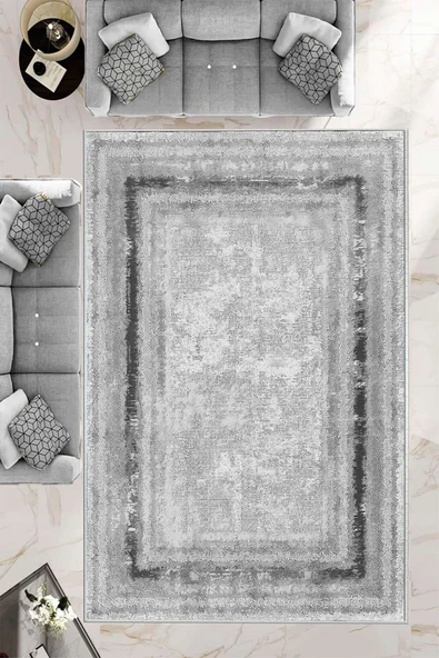 Makinede Yıkanabilir Leke Tutmaz  Gri-Antrasit Pvc Deri Kaymaz Taban Eternity Salon Saçaksız Halı B1216  GRİ-KAHVERENGİ 180 x 280