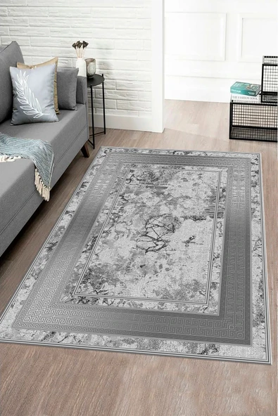 Makinede Yıkanabilir Leke Tutmaz  GRİ Modern Çerçeve Desen Halı B1300  GRİ 80 x 200 ürün görseli