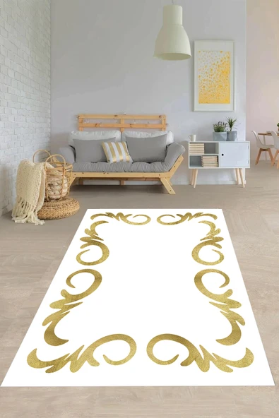 Makinede Yıkanabilir Leke Tutmaz  Beyaz-Gold Pvc Deri Kaymaz Taban Modern Salon Saçaksız Halı B-1065  ÇOKLU 180 x 280