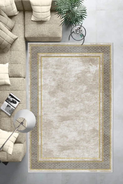 Makinede Yıkanabilir Leke Tutmaz  Krem-Gold Deko Deri Kaymaz Taban Salon-Hol Saçaksız Halı B1181  KREM-GOLD 180 x 280 - Resim 6