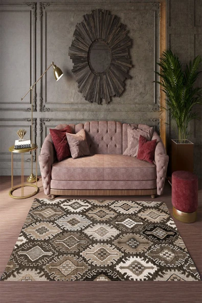 Makinede Yıkanabilir Leke Tutmaz  Kahverengi Pvc Deri Kaymaz Taban Etnik Salon Saçaksız Halı E4124  ÇOKLU 200 x 300