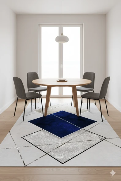 Makinede Yıkanabilir Leke Tutmaz  Lacivert-Gri Pvc Deri Kaymaz Taban Tasarım Salon Saçaksız Halı A256  LACİVERT-GRİ 200 x 300 - 3