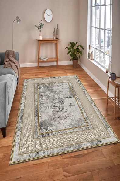 Makinede Yıkanabilir Leke Tutmaz  GRİ Modern Çerçeve Desen Halı B1300  KREM-GRİ 180 x 280 - 3