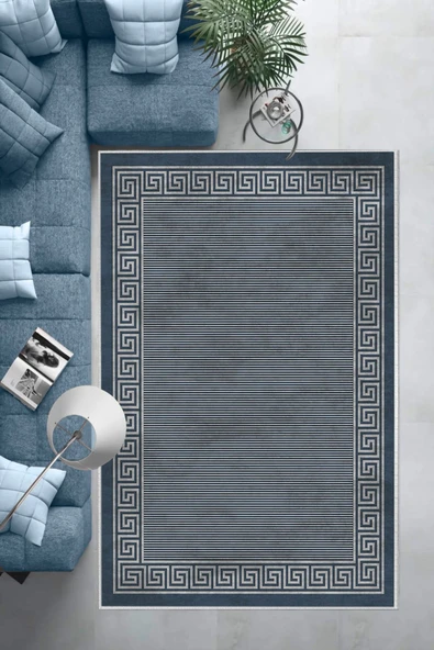 Makinede Yıkanabilir Leke Tutmaz  Mavi Deko Deri Kaymaz Taban Versace Çizgi Salon Saçaksız Halı B1201  MAVİ 120 x 180 - Resim 6
