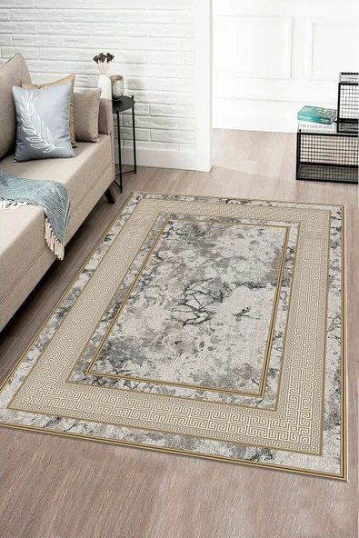 Makinede Yıkanabilir Leke Tutmaz  GRİ Modern Çerçeve Desen Halı B1300  KREM-GRİ 100 x 300