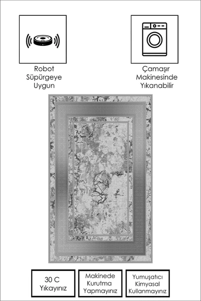 Makinede Yıkanabilir Leke Tutmaz  GRİ Modern Çerçeve Desen Halı B1300  GRİ 120 x 180 - Resim 4