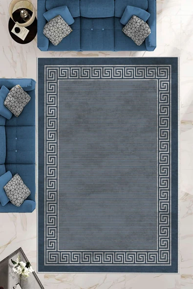 Makinede Yıkanabilir Leke Tutmaz  Mavi Deko Deri Kaymaz Taban Versace Çizgi Salon Saçaksız Halı B1201  MAVİ 80 x 300