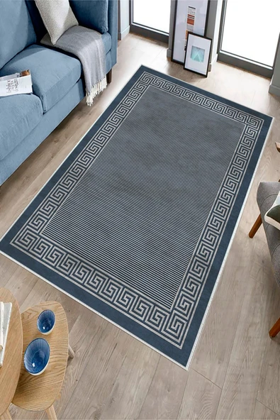 Makinede Yıkanabilir Leke Tutmaz  Mavi Deko Deri Kaymaz Taban Versace Çizgi Salon Saçaksız Halı B1201  MAVİ 120 x 180 - Resim 3