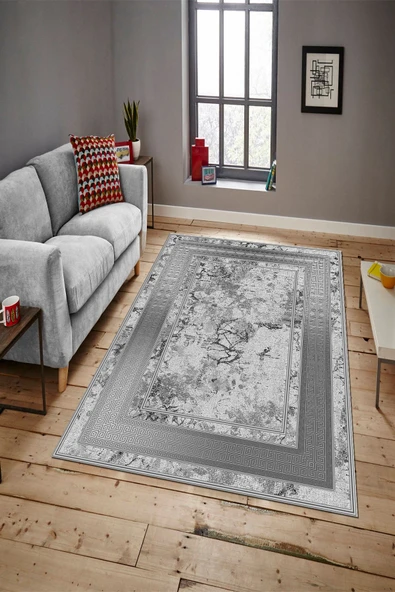 Makinede Yıkanabilir Leke Tutmaz  GRİ Modern Çerçeve Desen Halı B1300  GRİ 120 x 180 - Resim 2