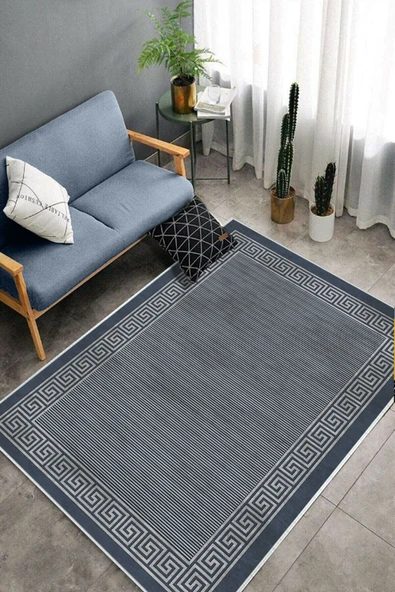 Makinede Yıkanabilir Leke Tutmaz  Mavi Deko Deri Kaymaz Taban Versace Çizgi Salon Saçaksız Halı B1201  MAVİ 120 x 180 - Resim 4