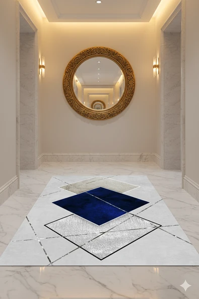 Makinede Yıkanabilir Leke Tutmaz  Lacivert-Gri Pvc Deri Kaymaz Taban Tasarım Salon Saçaksız Halı A256  LACİVERT-GRİ 200 x 300 - 5