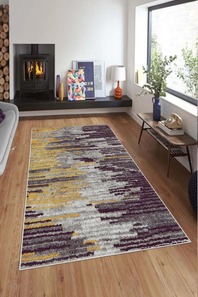 Makinede Yıkanabilir Leke Tutmaz  Mürdüm Deko Deri Kaymaz Taban Modern Salon Saçaksız Halı A163  MÜRDÜM 80 x 200 - Resim 3