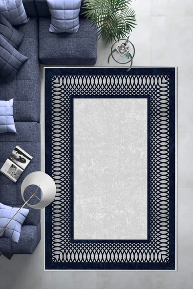 Makinede Yıkanabilir Leke Tutmaz  Gri-Lacivert Deko Deri Kaymaz Taban Çerçeve Salon Saçaksız Halı B1226  GRİ-GOLD 80 x 200 - Resim 6