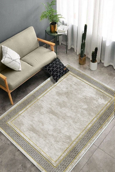 Makinede Yıkanabilir Leke Tutmaz  Krem-Gold Deko Deri Kaymaz Taban Salon-Hol Saçaksız Halı B1181  KREM-GOLD 180 x 280 - Resim 4