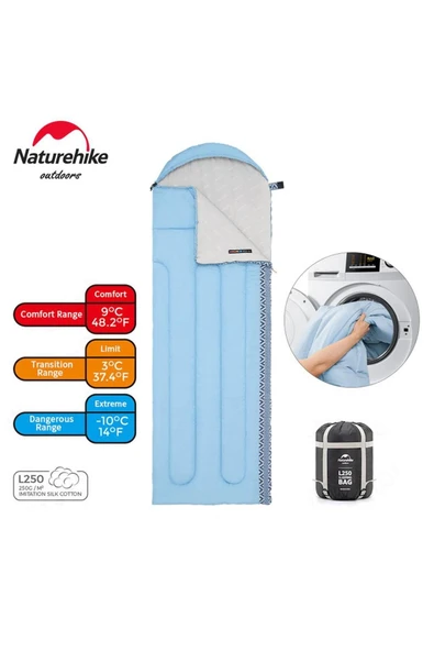 Naturehike L250 Zarf Tarzı Kapüşonlu Uyku Tulumu -10°c Mavi - 5