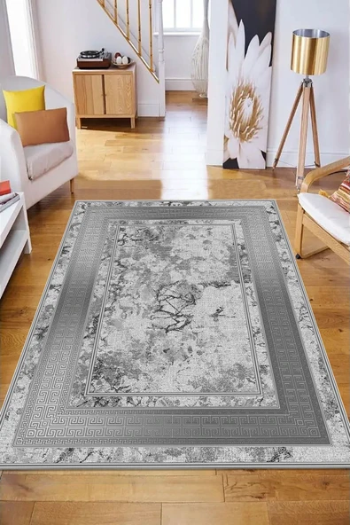 Makinede Yıkanabilir Leke Tutmaz  GRİ Modern Çerçeve Desen Halı B1300  GRİ 80 x 200 - Resim 3