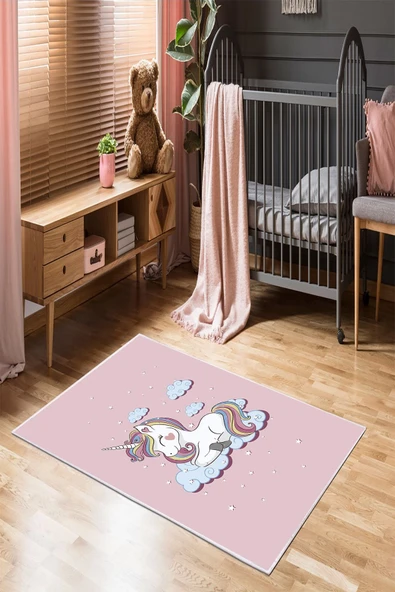 Makinede Yıkanabilir Leke Tutmaz  Pembe Pvc Deri Kaymaz Taban Unicorn Çocuk Saçaksız Halı 594-00  ÇOKLU 200 x 300