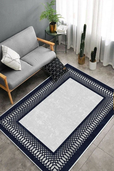Makinede Yıkanabilir Leke Tutmaz  Gri-Lacivert Deko Deri Kaymaz Taban Çerçeve Salon Saçaksız Halı B1226  GRİ-GOLD 80 x 200 - Resim 4