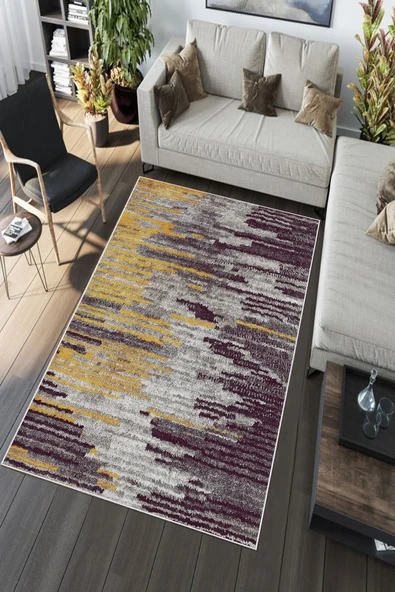 Makinede Yıkanabilir Leke Tutmaz  Mürdüm Deko Deri Kaymaz Taban Modern Salon Saçaksız Halı A163  MÜRDÜM 80 x 200 - Resim 5