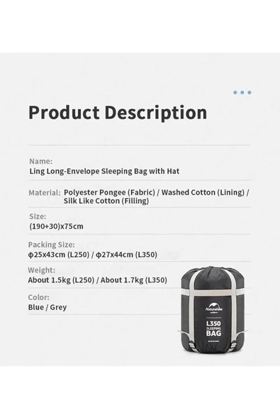 Naturehike L250 Zarf Tarzı Kapüşonlu Uyku Tulumu -10°c Mavi - 3