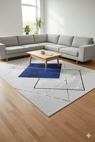 Makinede Yıkanabilir Leke Tutmaz  Lacivert-Gri Pvc Deri Kaymaz Taban Tasarım Salon Saçaksız Halı A256  LACİVERT-GRİ 180 x 280 - 1