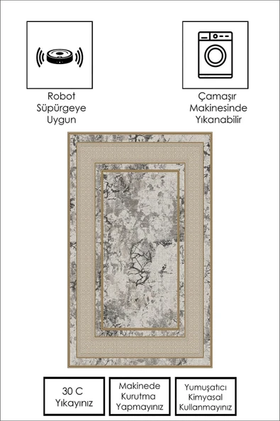 Makinede Yıkanabilir Leke Tutmaz  GRİ Modern Çerçeve Desen Halı B1300  KREM-GRİ 180 x 280 - 4