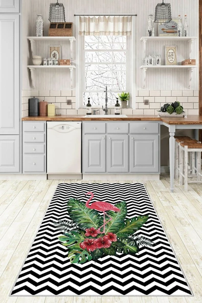 Makinede Yıkanabilir Leke Tutmaz  Siyah-Beyaz Pvc Deri Kaymaz Taban Flamingo Mutfak Halısı 414-00  ÇOKLU 120 x 180