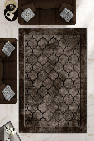 Makinede Yıkanabilir Leke Tutmaz  Kahverengi Deko Deri Kaymaz Taban Prizma Salon Saçaksız Halı B1220  SİYAH 100 x 300
