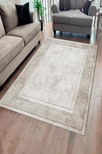 Makinede Yıkanabilir Leke Tutmaz  Bej Pvc Deri Kaymaz Taban Modern Salon Saçaksız Halı B1316  100 x 200 BEJ